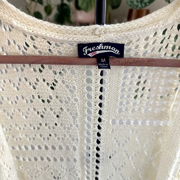 Freshman Cream Crochet Cardigan Bikini Cover Up Cottage Whimsical M Boho beach - Picture 3 of 8